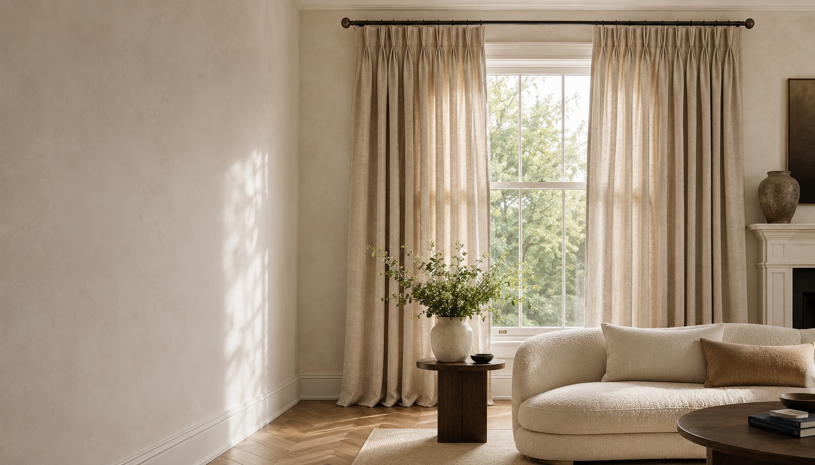 Linen pinch pleat curtains hanging in a bright living room
