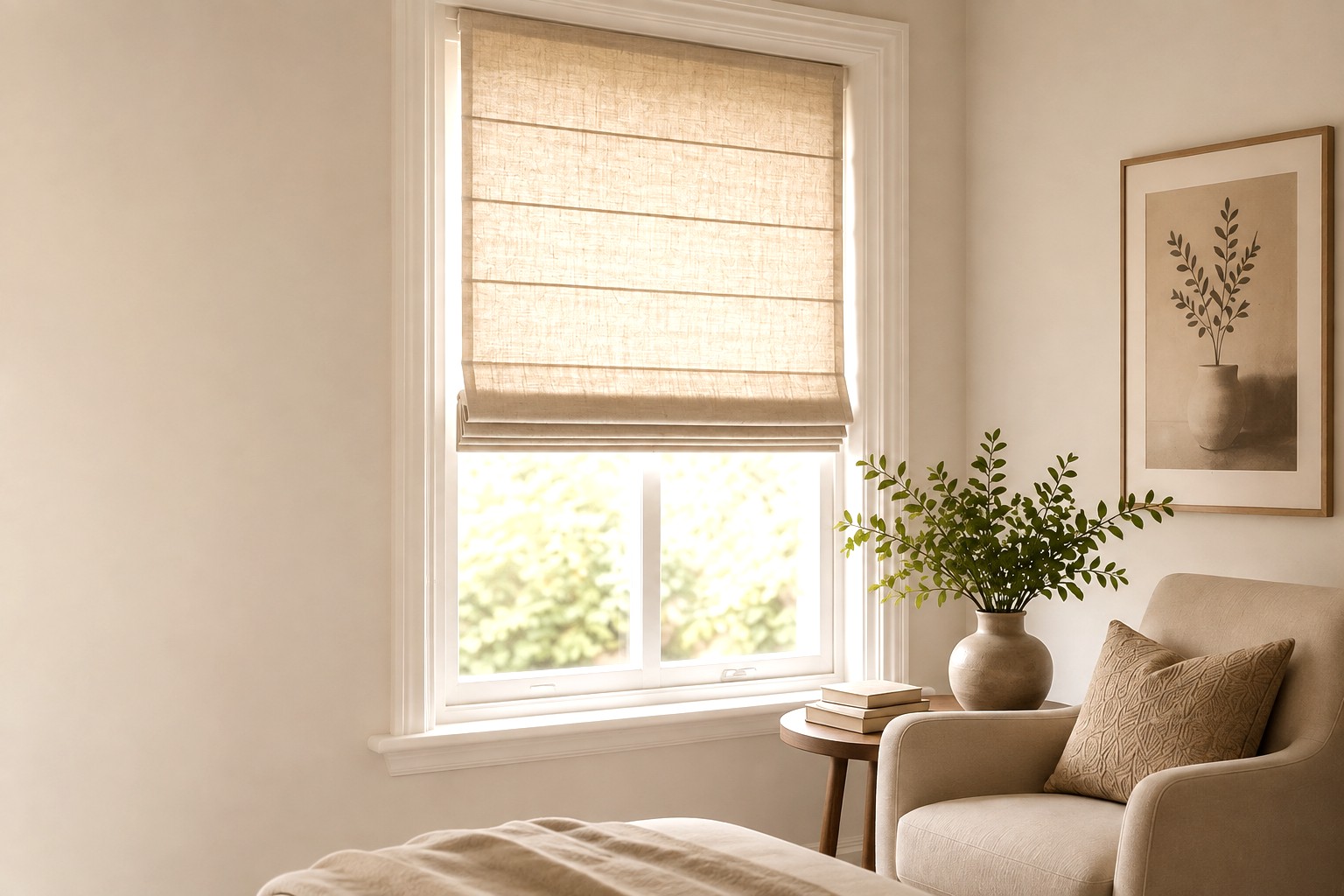 Roman blind made by Drape & Dwell, fitted in a client's bedroom